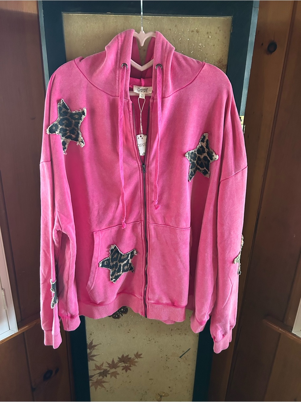 ODDY Pink Hooded Zip-Up Jacket with Leopard Star Appliqués